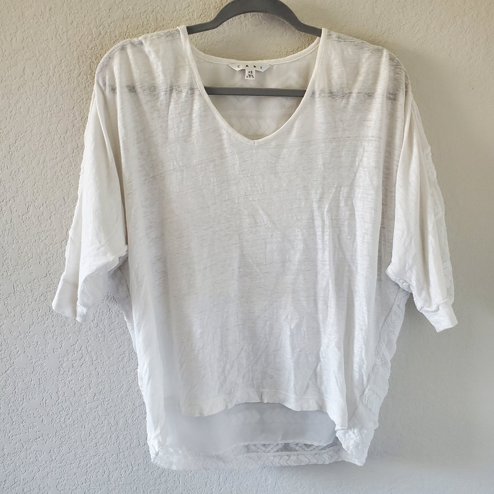 CAbi contrast embroided linen blend dollman top